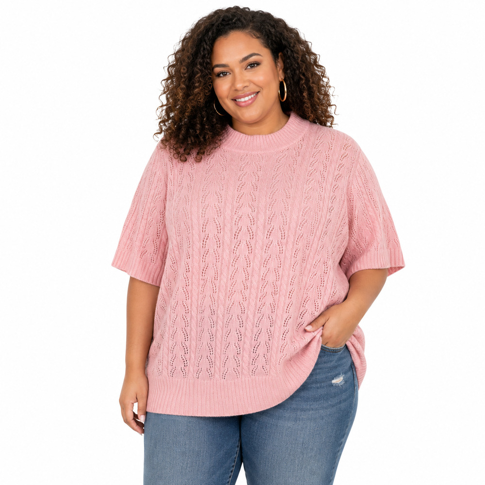 Torrid Pointelle Pink Knit Short Sleeve Sweater Pullover Cable Sheer sz 2X